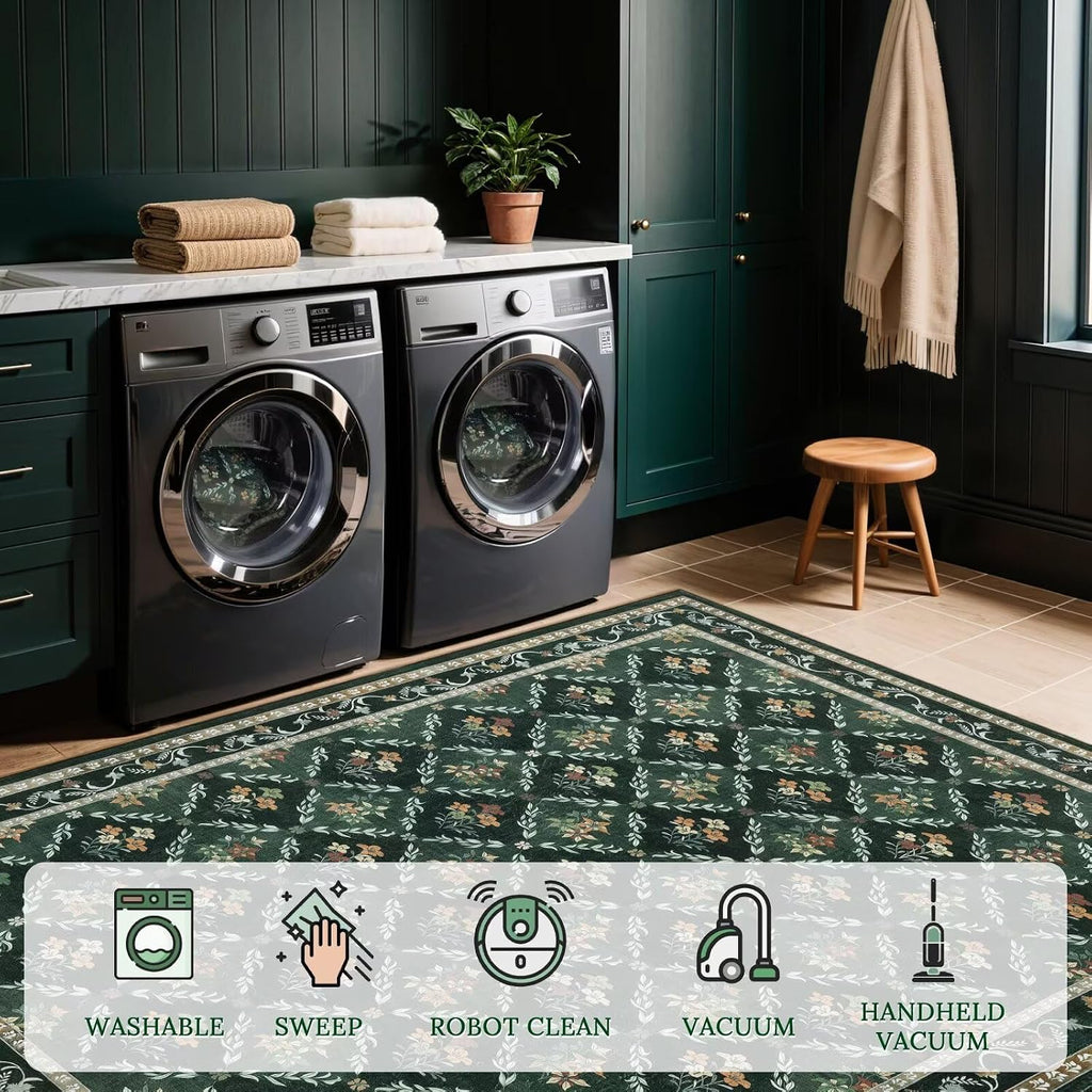 Green Floral Rugs 8x10 Area Rugs, Non Slip Stain Resistance Washable Vintage Large Area Rug, Low Pile Checkered
