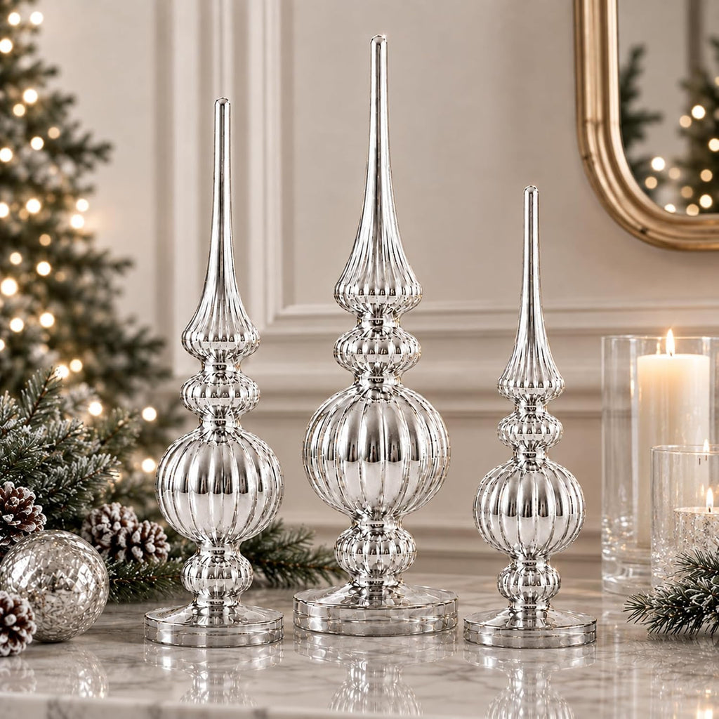 Set of 3 Mercury Glass Finial Christmas Figurines, Silver