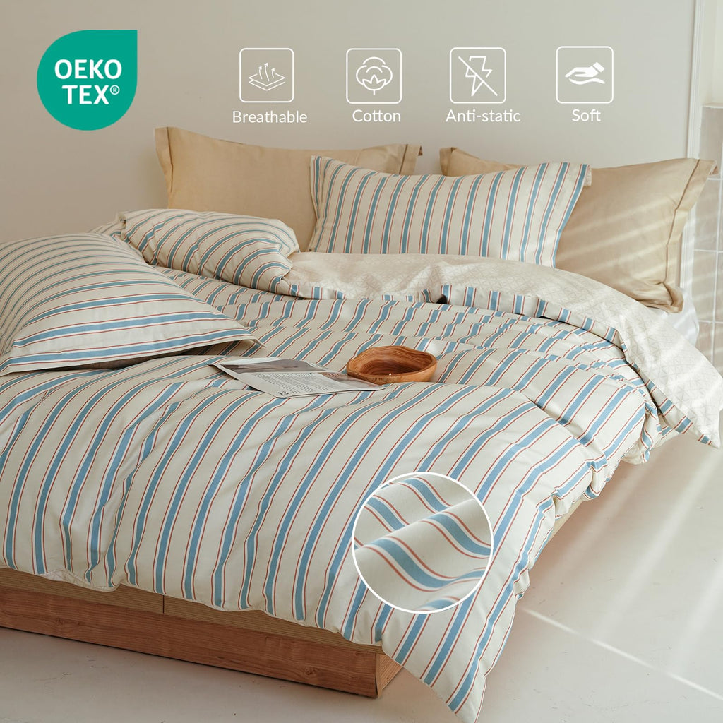 Striped Duvet Cover, 100% Natural Cotton Vintage Beige & Blue Pattern Printed Bedding Set, Soft Breathable