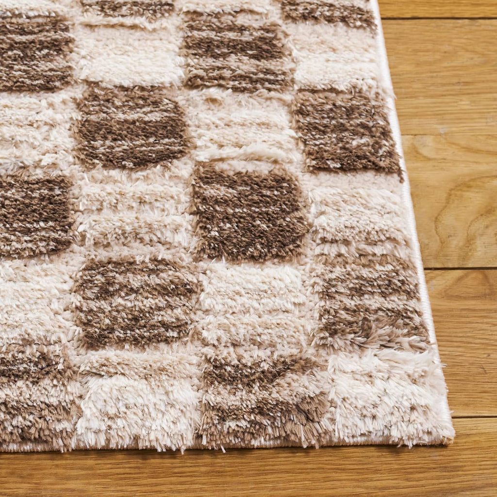 Seattle Shag Collection Runner - 2'3" x 8', Ivory & Brown, Checkered Pattern, 1-inch Thick, Ideal for the Living