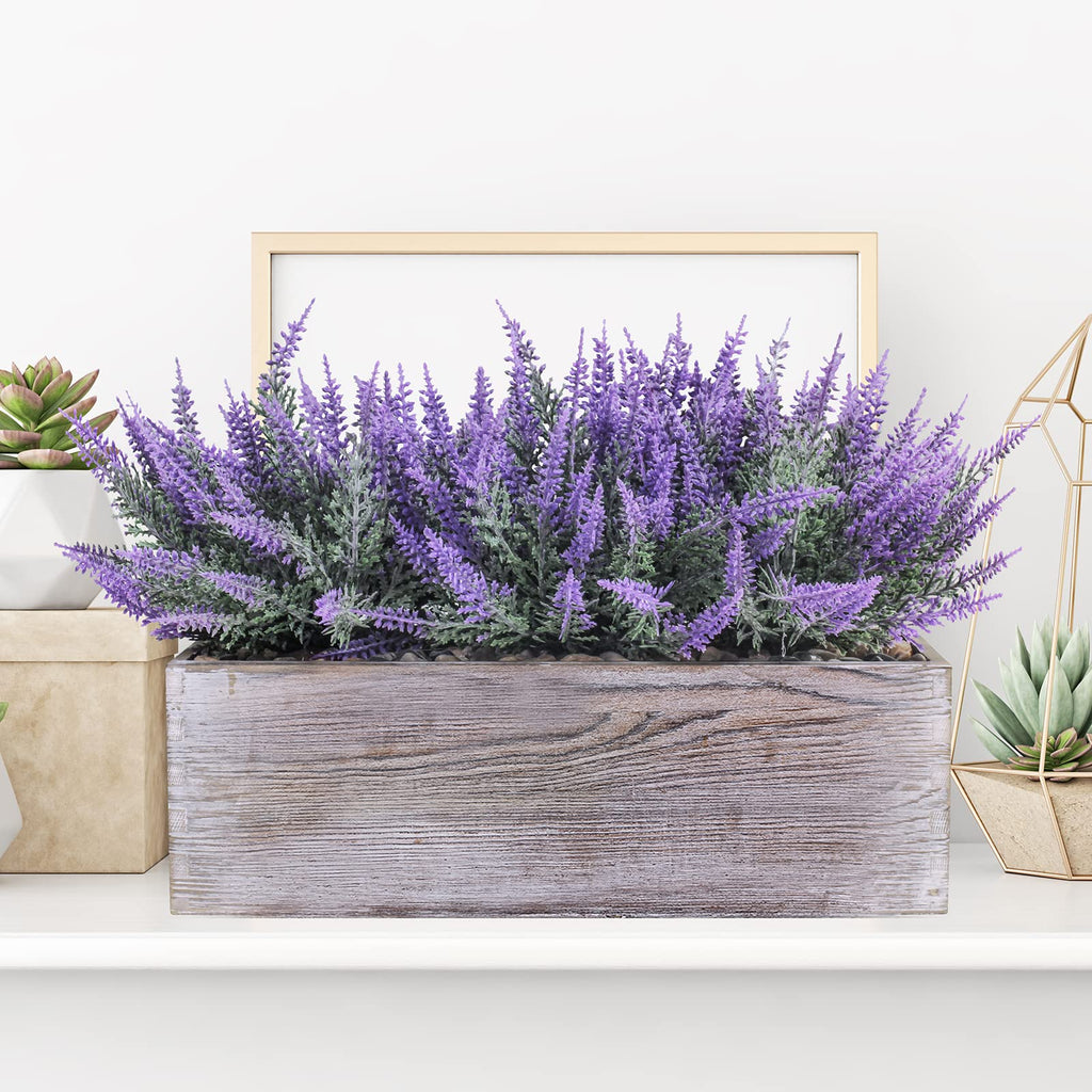 Fake Lavender Flower Arrangement in Rustic Rectangular Wood Planter Box Artificial Potted Lavender Plant for Gifts