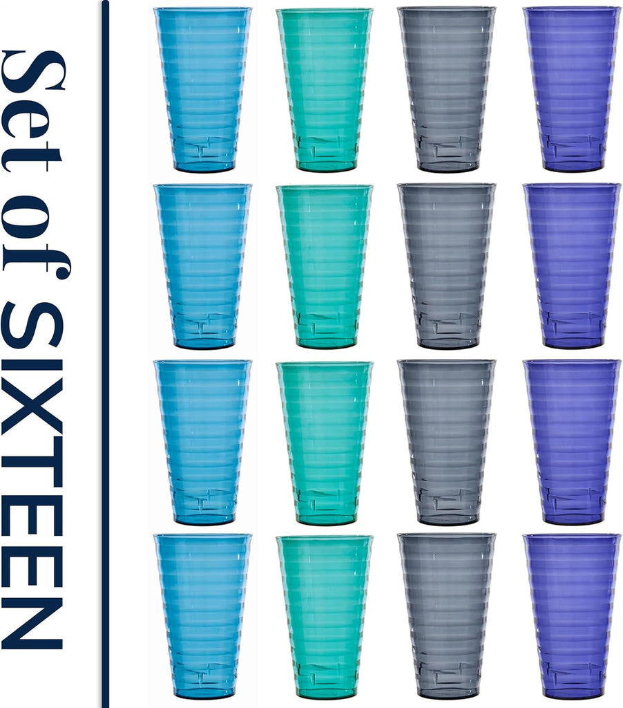 Splash [Set of 16] 18 ounce Plastic Stackable Water Tumblers in 4 Coastal Colors Value Set of Drinking Cups