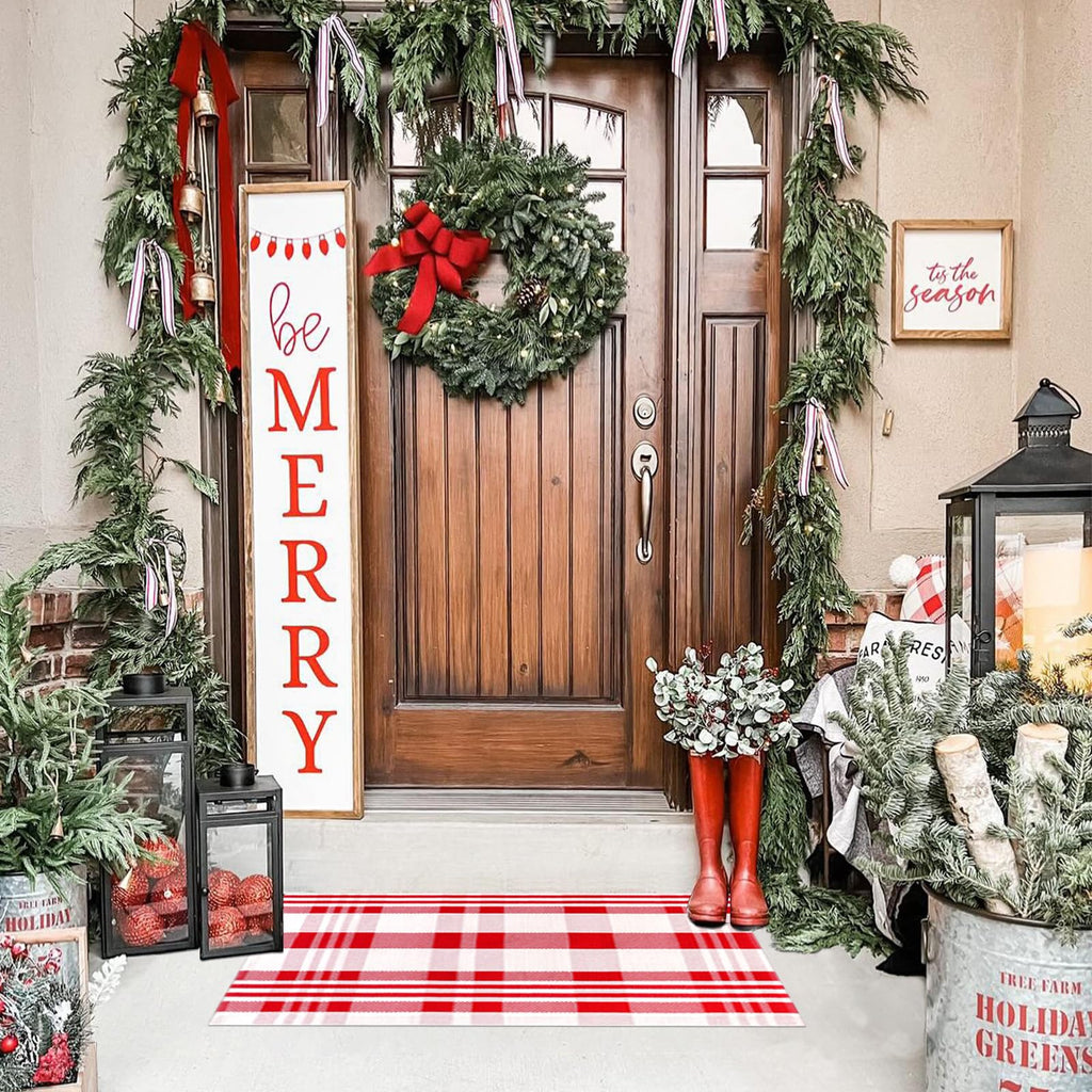 Christmas Door Mat Red and White Plaid Rug 28 x 43 Inch, Cotton Woven Christmas Checkered Front Door Mat and Covered