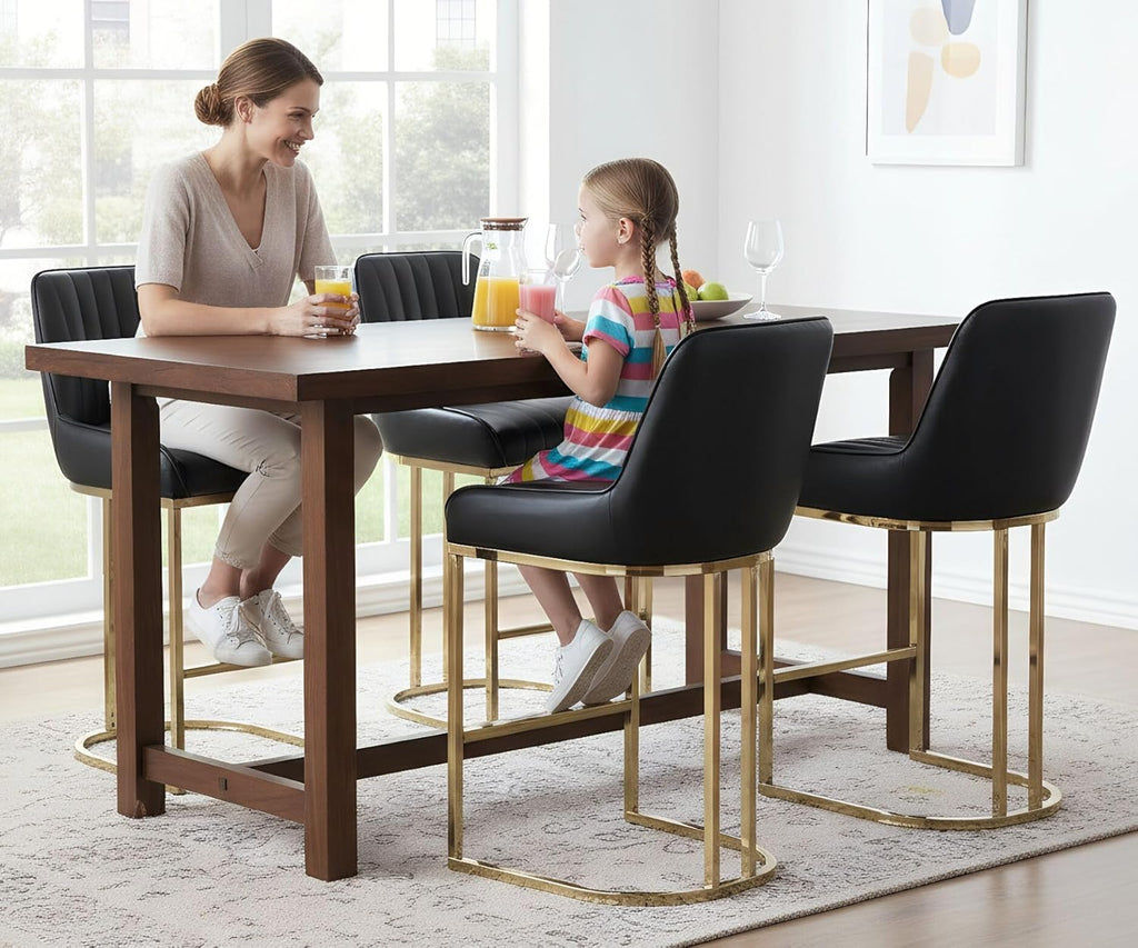 Black Leather Bar Stools Set of 4 Modern Counter Stools with Gold Legs 26 Inch Counter Height Bar Stools Upholstered