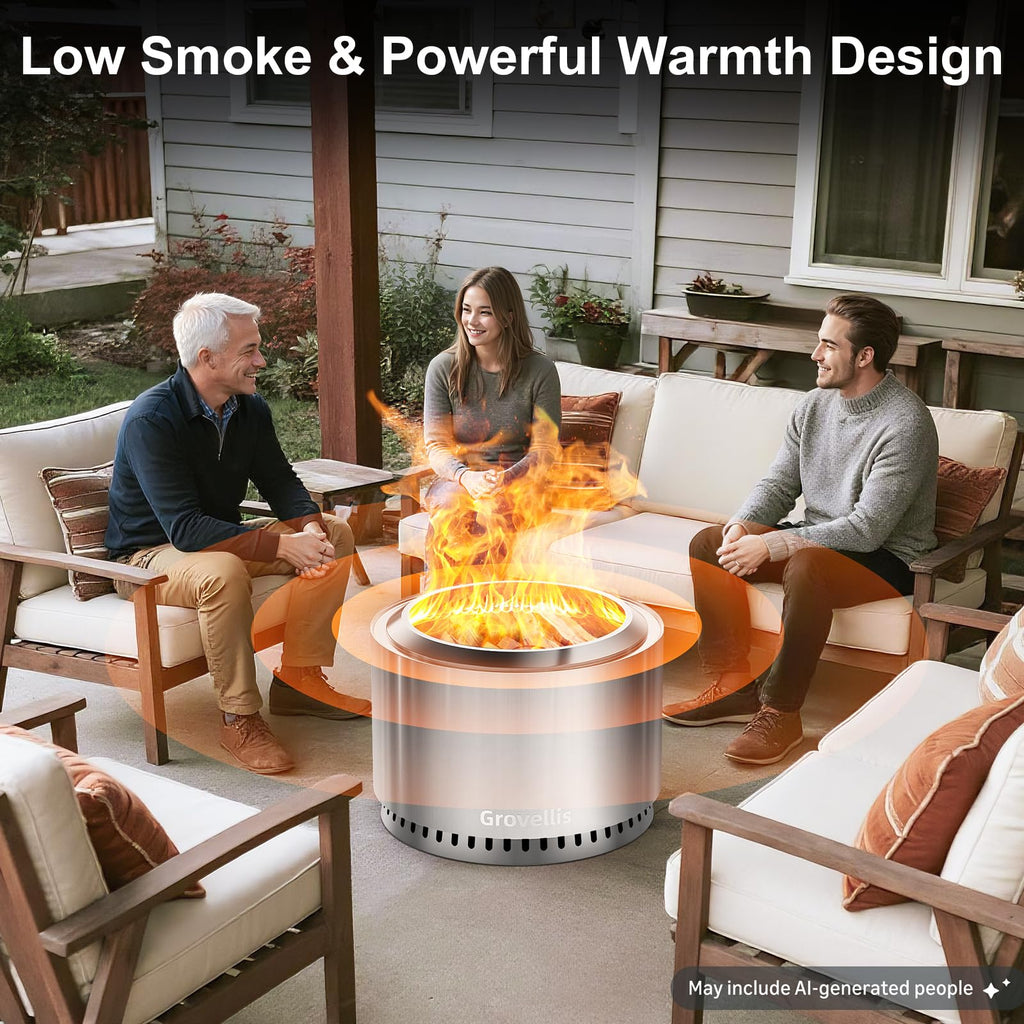 27 inch Smokeless Fire Pit with Waterproof Cover & Fire Poker