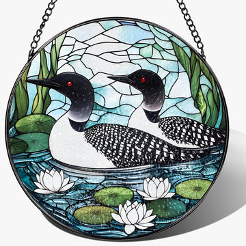 8-Inch Loon Birds Stained Glass Suncatcher Ornament, Stained Glass Window Hanging, Window Hanging Decor - Christmas