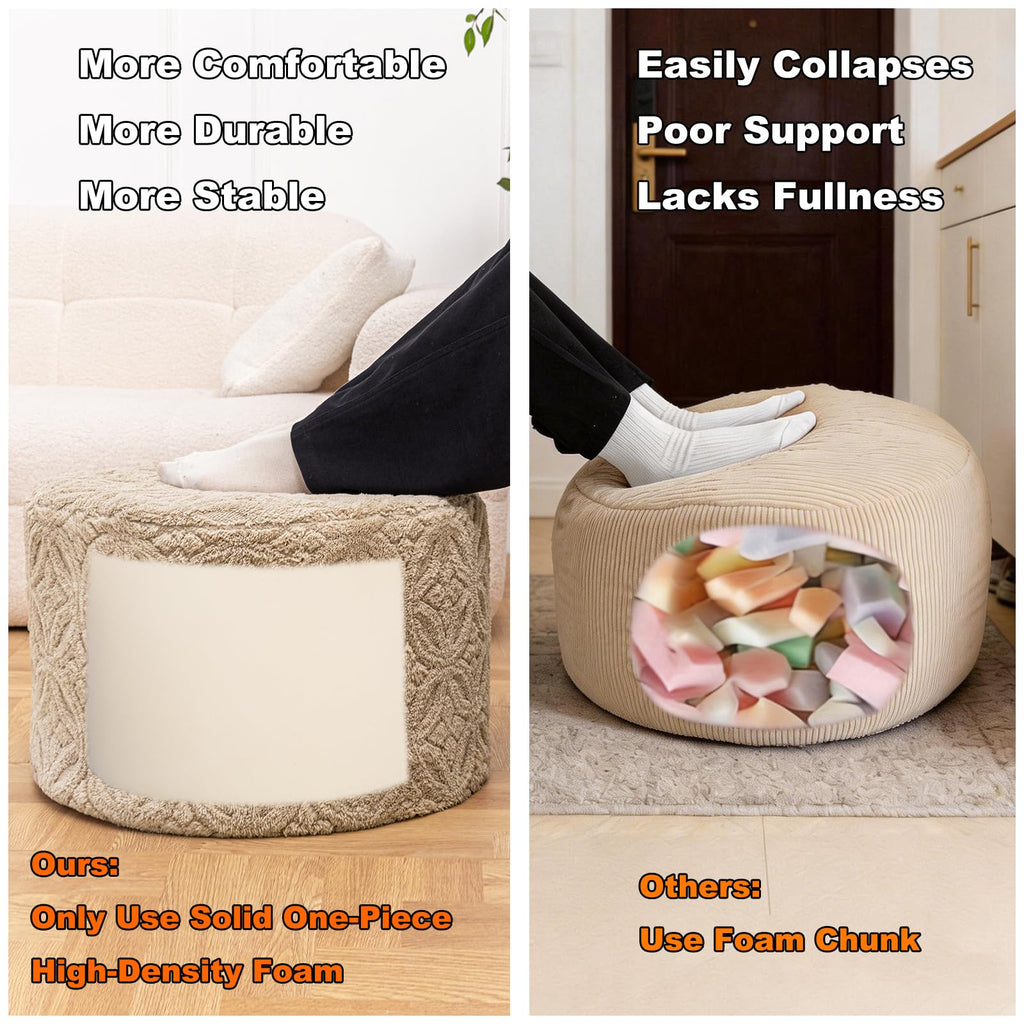 Functional Ottoman Pouf - Ergonomic Ottoman Foot Rest for Couch (Light Coffee, 20x20x14 Inches, Round)
