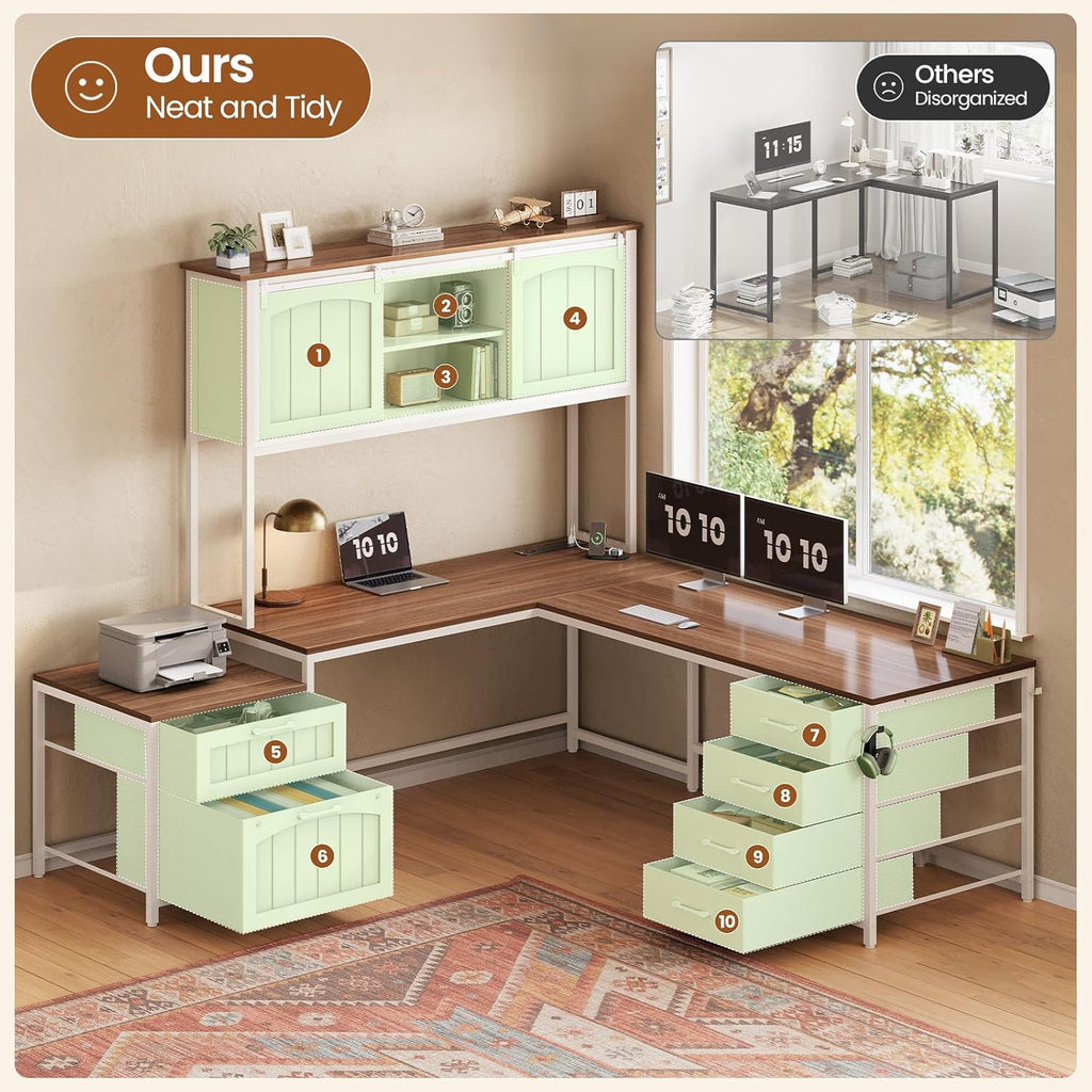 Reversible Farmhouse L-Shaped Desk with Hutch, 6 Drawers, File Drawer & Power Outlets