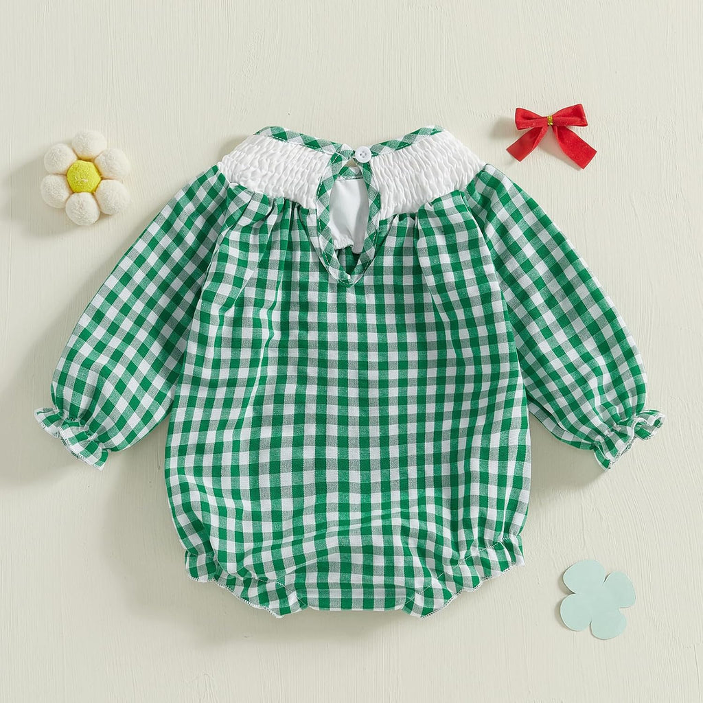 Baby Girl Smocked Romper Plaid Long Sleeve Crew Neck Embroidery Pattern Bubble Onesie Bodysuit Cute Newborn Clothes