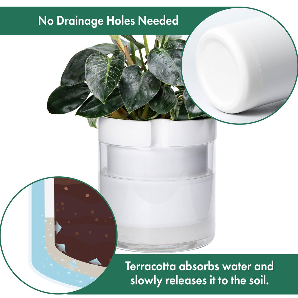 10 Inch Self Watering Planter, White Terracotta Clay Pot with Glass Reservoir for Indoor Plants, Herbs, Flowers, Set