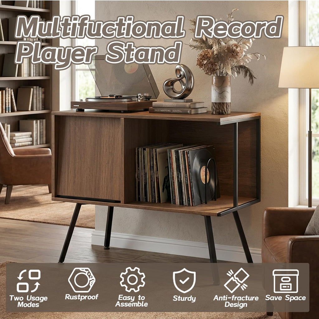 Record Player Stand with Flip-Down Record Shelf, Walnut