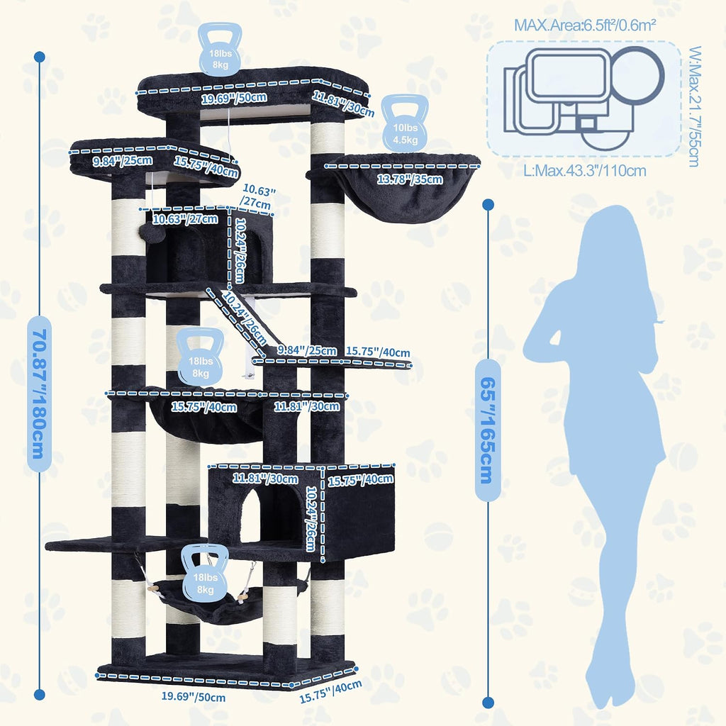 Cat Tree, 71-Inch-Tall Tower for Indoor Cats with 2 Perches