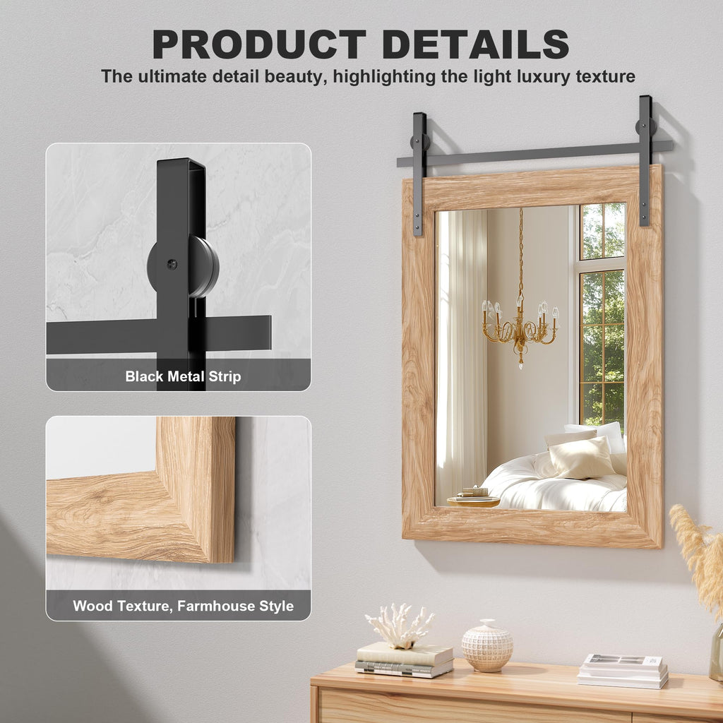 Farmhouse Bathroom Mirror, 48"x32" Rustic Wood Framed Wall Mounted Mirror, Brown Vintage Vanity Mirror Barn Door