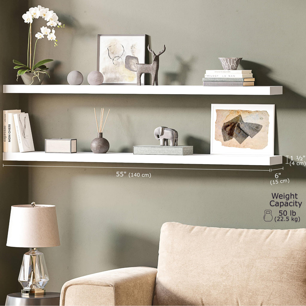Floating Shelves, 55" Wood Wall Shelf Set of 2, with Invisible Brackets, 6" Deep, White