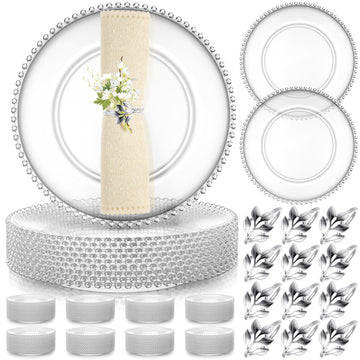 50 Set Acrylic Charger Plates 13" Beaded, Clear and Silver