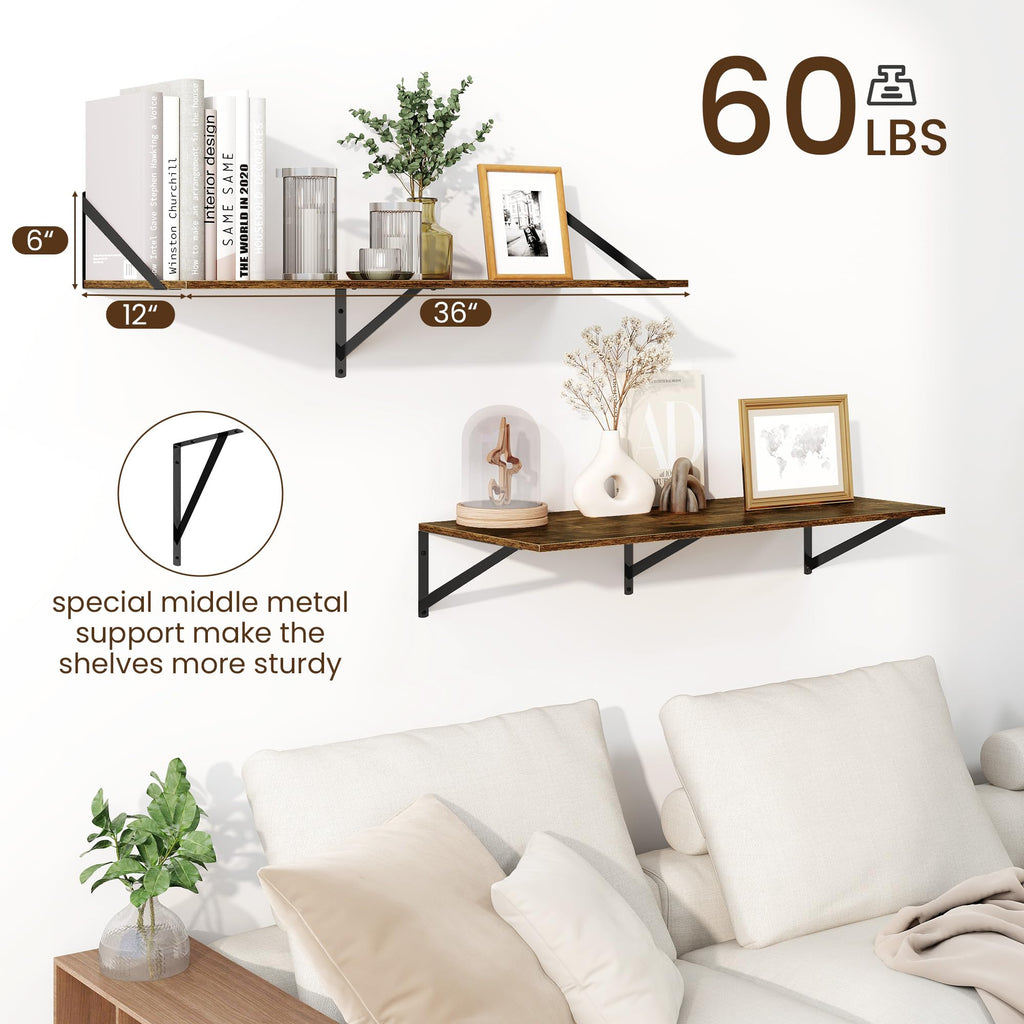 Floating Shelves for Wall, 12 Inch Deep Floating Shelves Set of 2, 36W x 12D Large Wall Shelf with Sturdy Metal