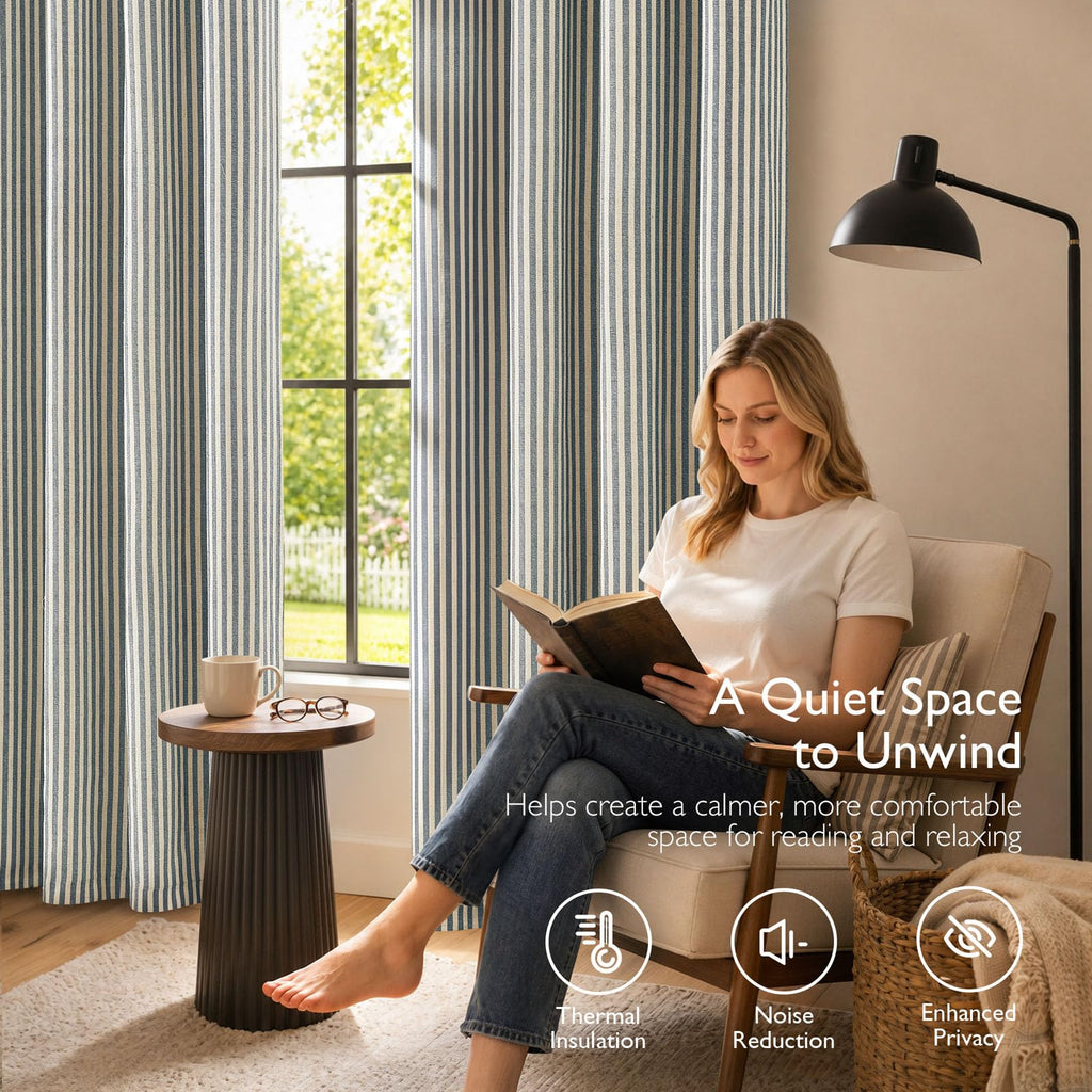 100% Blackout Blue Striped Curtains Bedroom