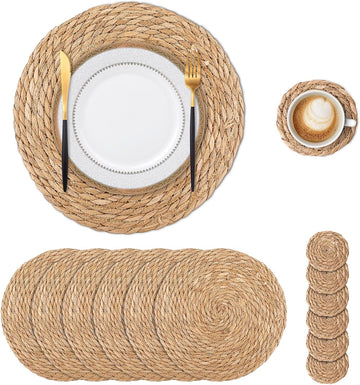 Round Woven Placemats 12 Inch with 6 Coasters 4 Inch Boho Natural Handmade Table Mats Table Decor Farmhouse - Set of 6