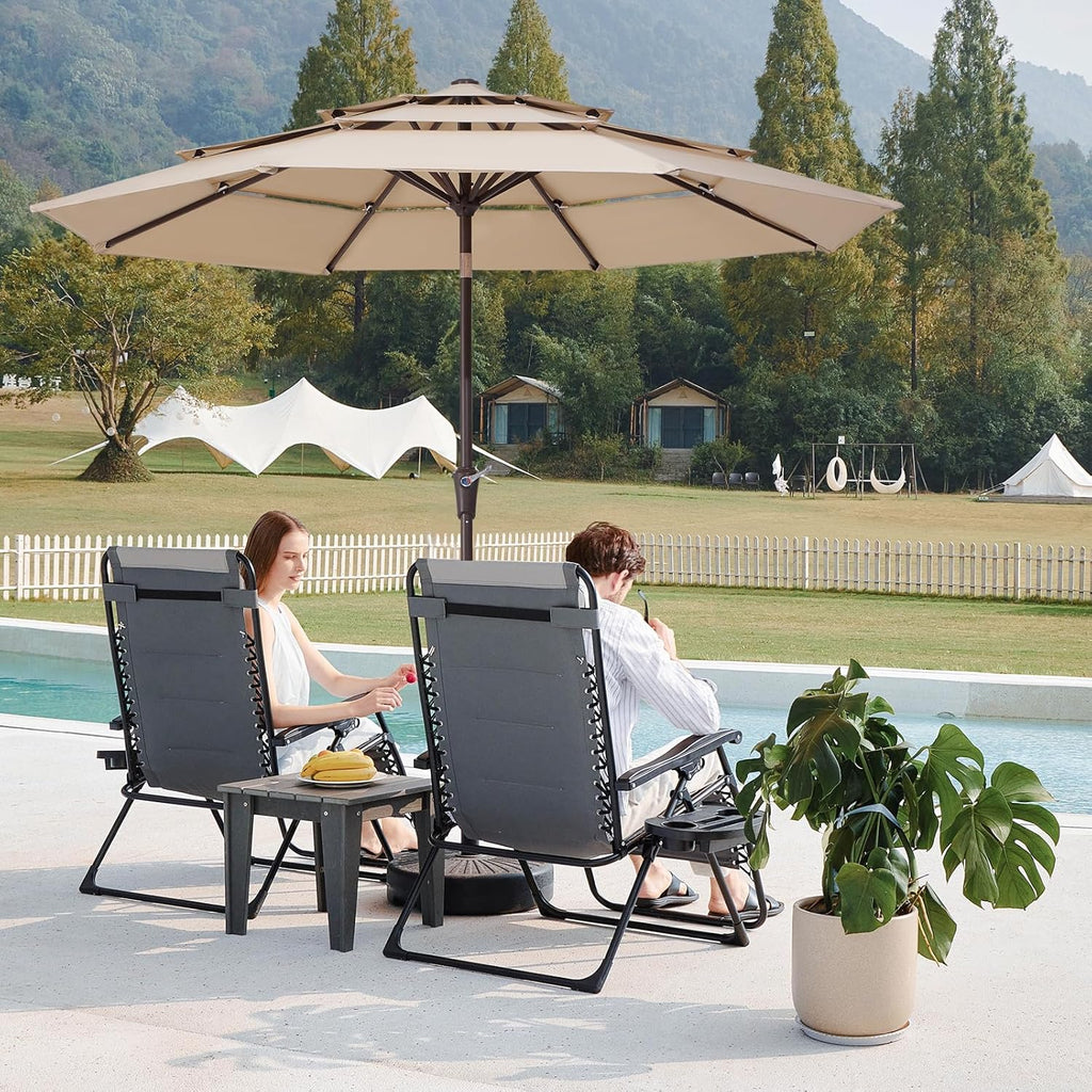 9FT 3 Tier Patio Umbrella Outdoor Market Umbrella Table Umbrellas with 8 Ribs 1.5 Pole Push Button Tilt and Crank UV - B