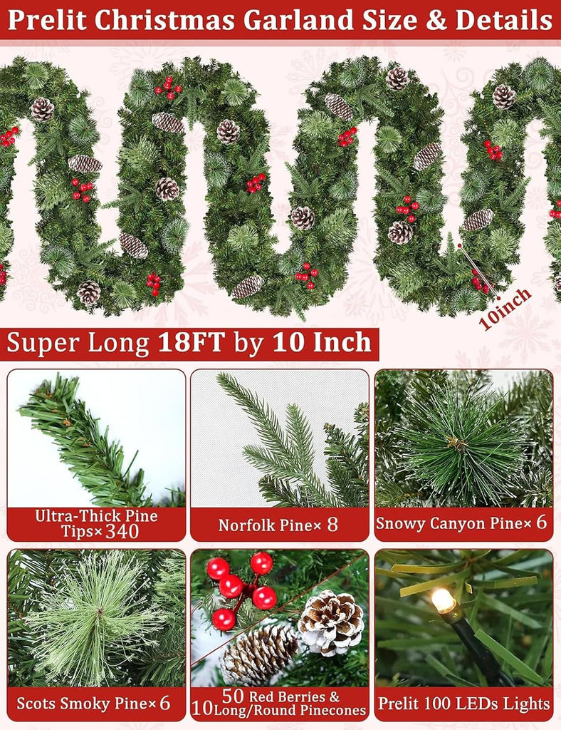 Super Long 18 Ft Prelit Christmas Garland with Lights for Outdoor Indoor