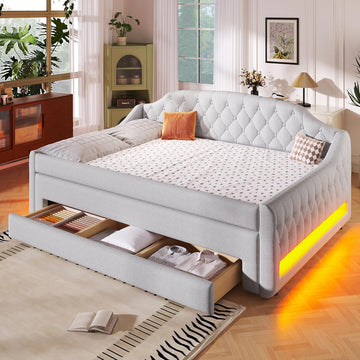 Upholstered Full Daybed with LED Lights, Trundle & 3 Drawers