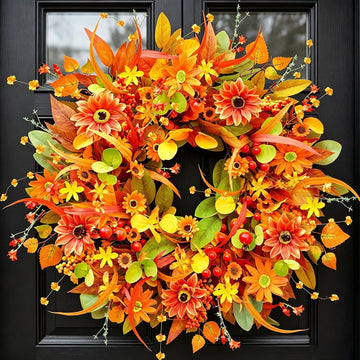 Fall Wreath for Front Door, 24 Inch Autumn Wreath with Berries,Lemon Leaves, Oak Leaves, and Maple Leaves Fall