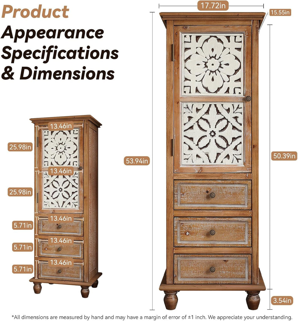 54" Weathered Solid Timber Freestanding Storage Chest, Accent Cabinets with Hollow Cut Magnetic Door, Utility