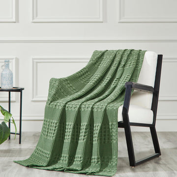 100% Cotton Waffle Weave Olive Green Throw 50x60, Decorative Cotton Throw Blanket, Boho Farmhouse Bedroom, Living