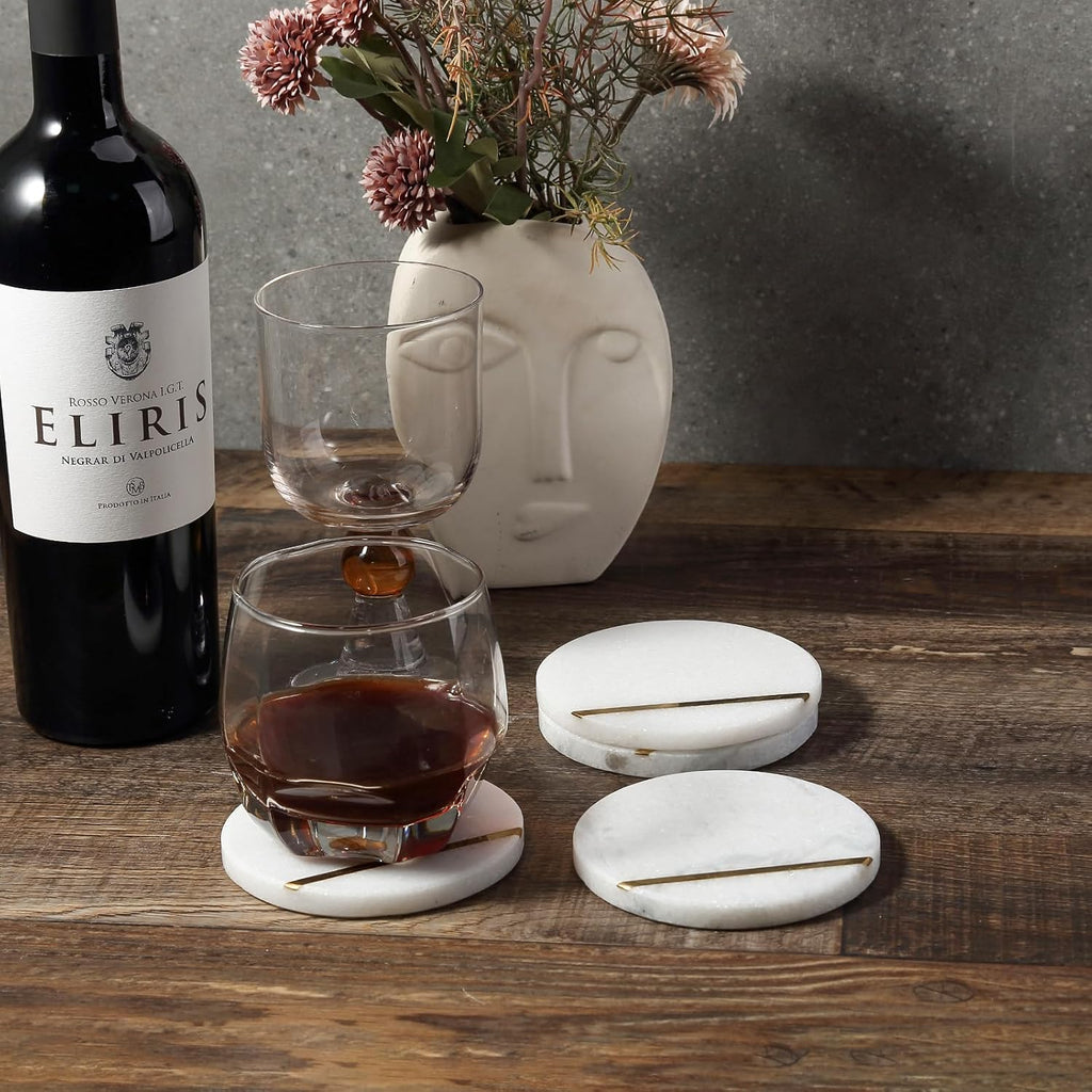 Marble Coaster, Round Coasters, 4" Stone Coaster for Drinks Coffee, White Marble with Gold Brass Coasters - Set of 4