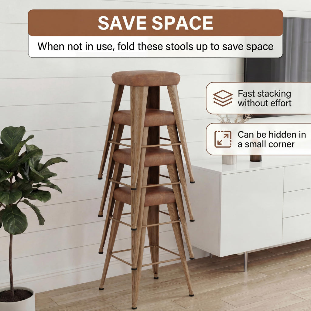Backless Bar Stools Set of 4, 30" Walnut Brown Metal Barstools