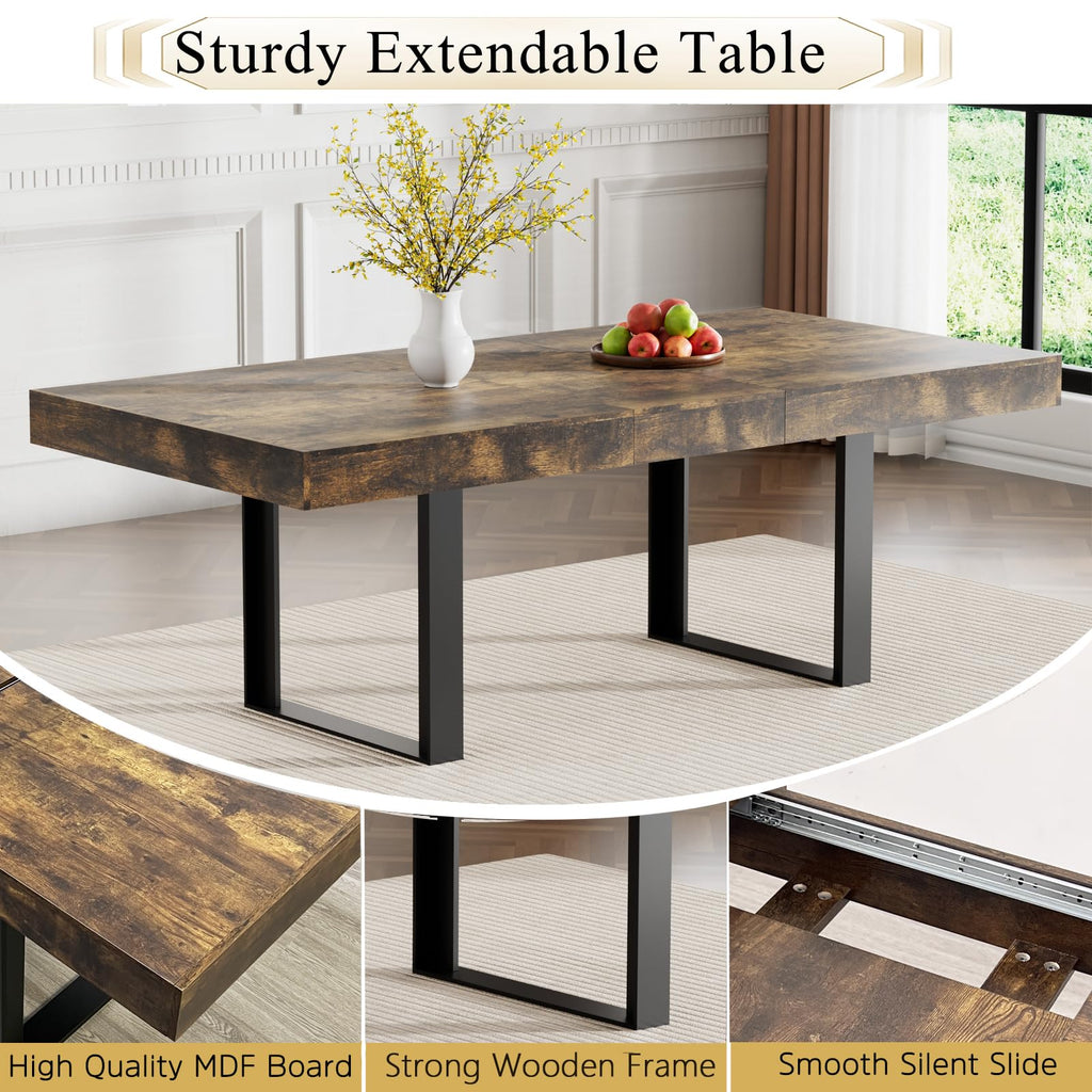7-Piece Extendable Dining Table Set for 6, 63-78 Inch Rustic Brown Kitchen Table Set with 6 Green Tufted Chairs