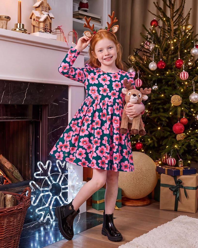 Girls Cotton Long Sleeve Cute Pattern Dress with Pockets