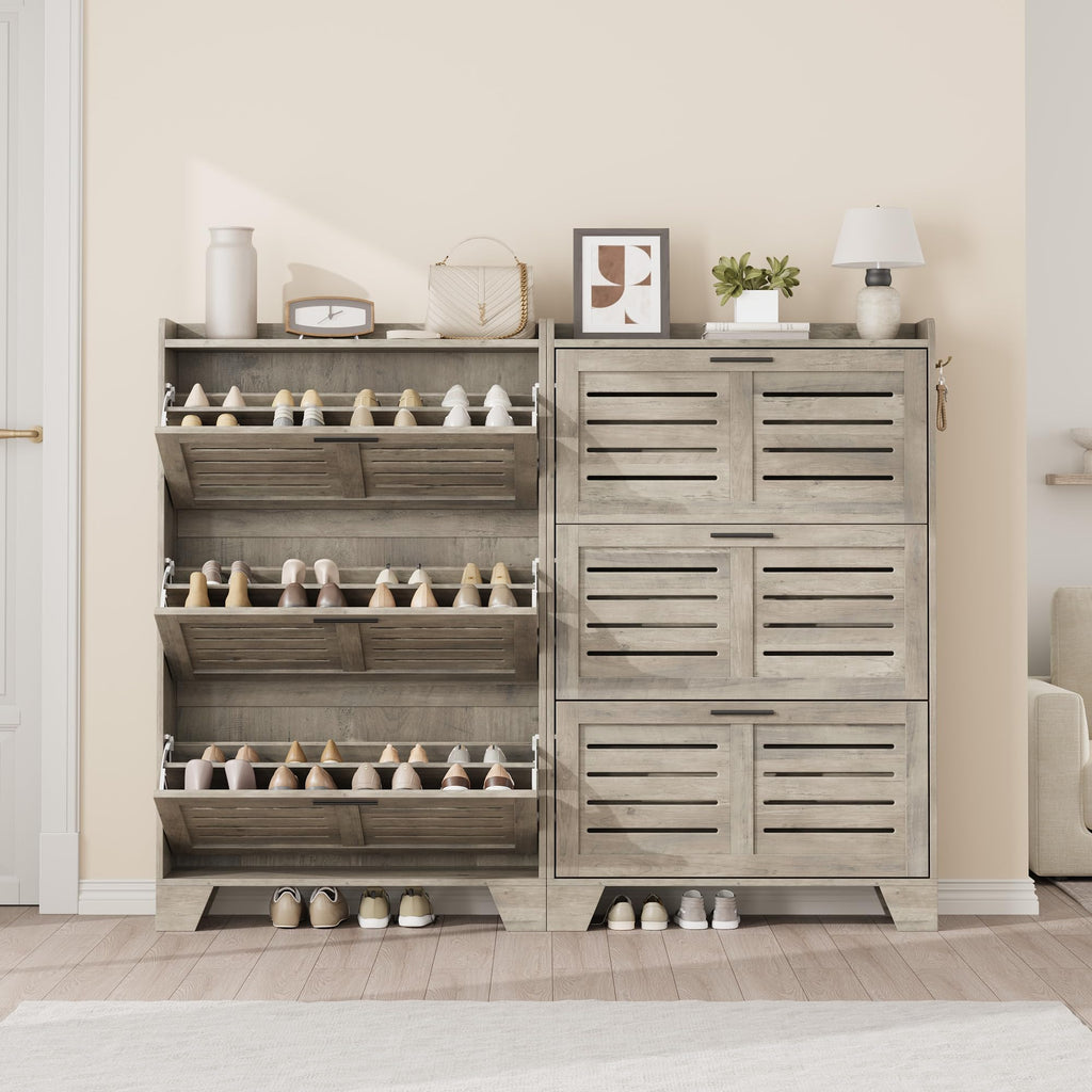 Shoe Storage Cabinet with 3 Flip Drawers, Freestanding Shoe Organizer Storage with 2 Side Hooks, Farmhouse Hidden