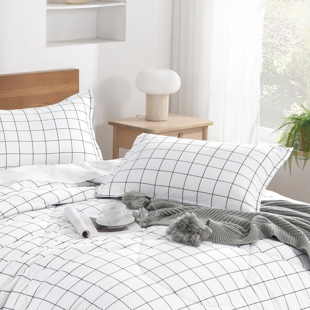 Full Comforter Sets, White Gingham Plaid Grid Checkered Bedding Comforter Set for Teens Boys Girls Kids, 3 Pieces