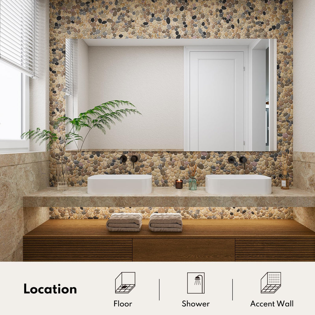 Pebble Tiles for Shower and Bathroom Floor, Tumbled Mix River Rock Pebble Stone Mosaic Tile with Matte Surface, 5