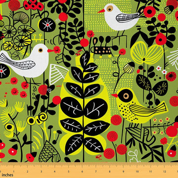 Nature Scenery Graffiti Fabric for Decoration, Botanical Leaves Plants Outdoor Fabric by The Yard, Flying Birds Green