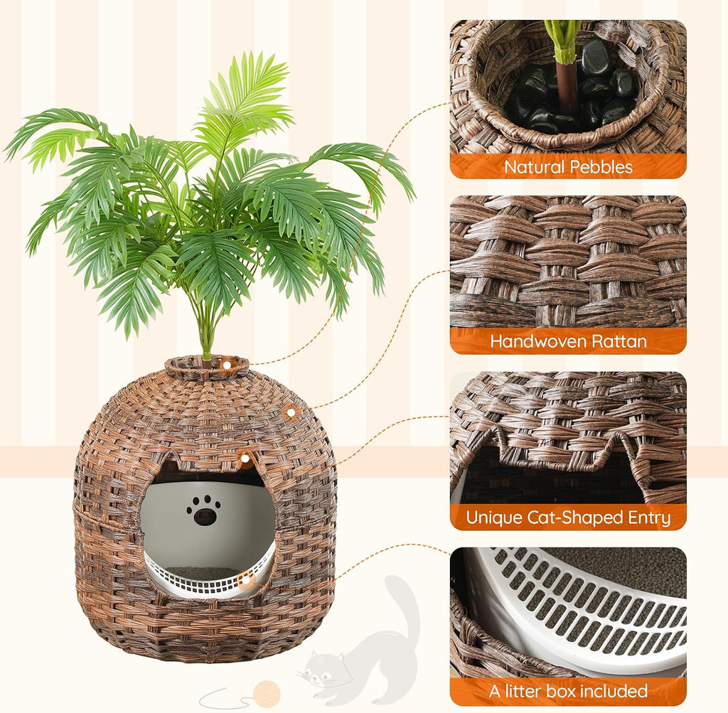 Rattan Plant Litter Box, Large Cat Litter Box Enclosure with Litter Box & Scoop, Odor Control Filter, Handwoven