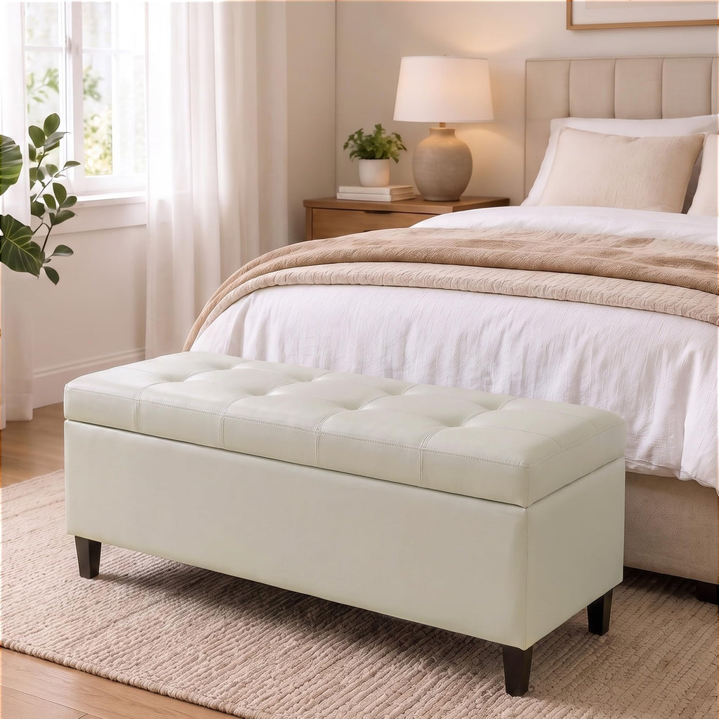 50.5 Inch Storage Ottoman Bench, Faux Leather Tufted Upholstered Bedroom Bench with Safety Hinges, Supports 300 lbs