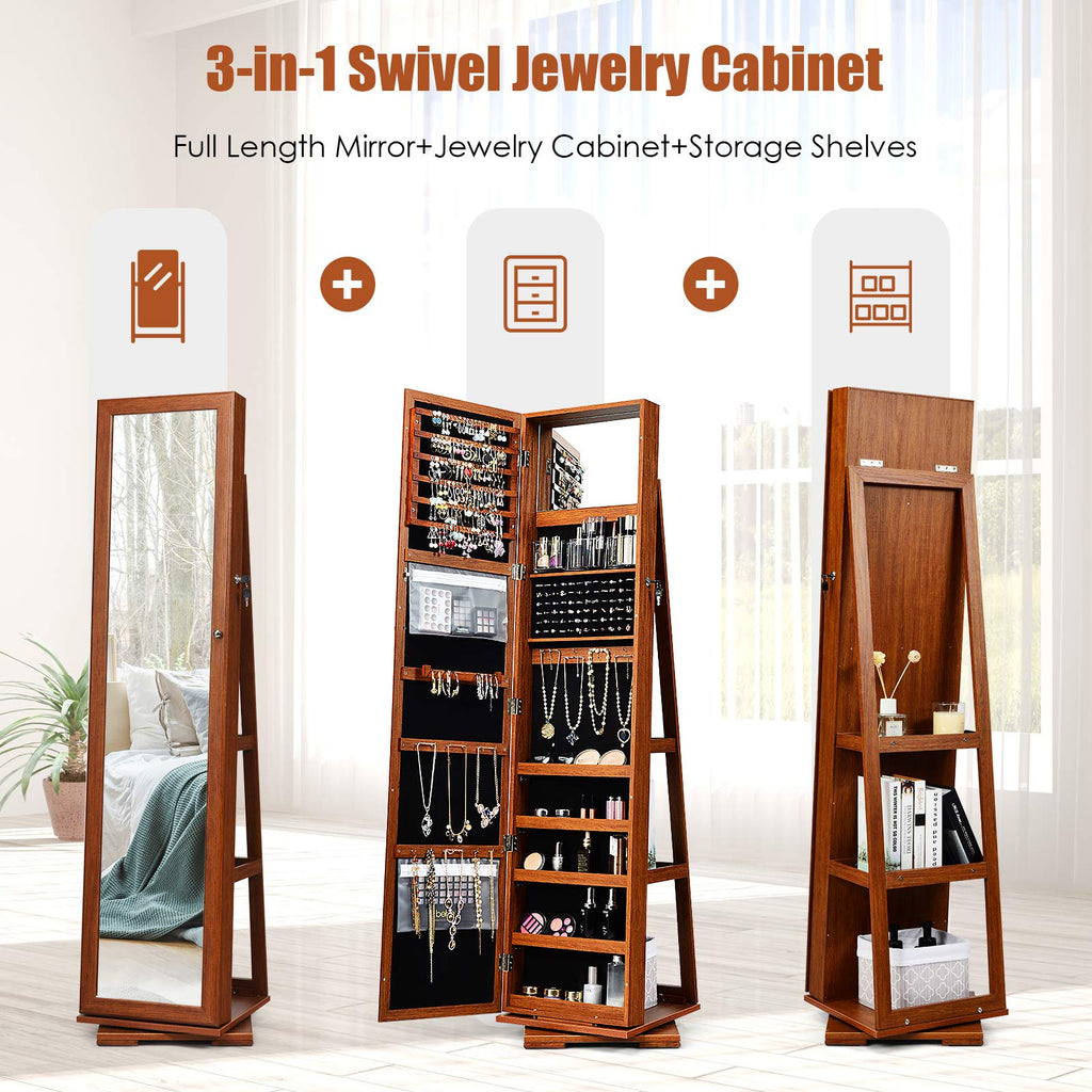 2-in-1 Mirrored Jewelry Cabinet, 360 Rotating Free Standing Jewelry Armoire, Lockable Large Capacity Jewelry