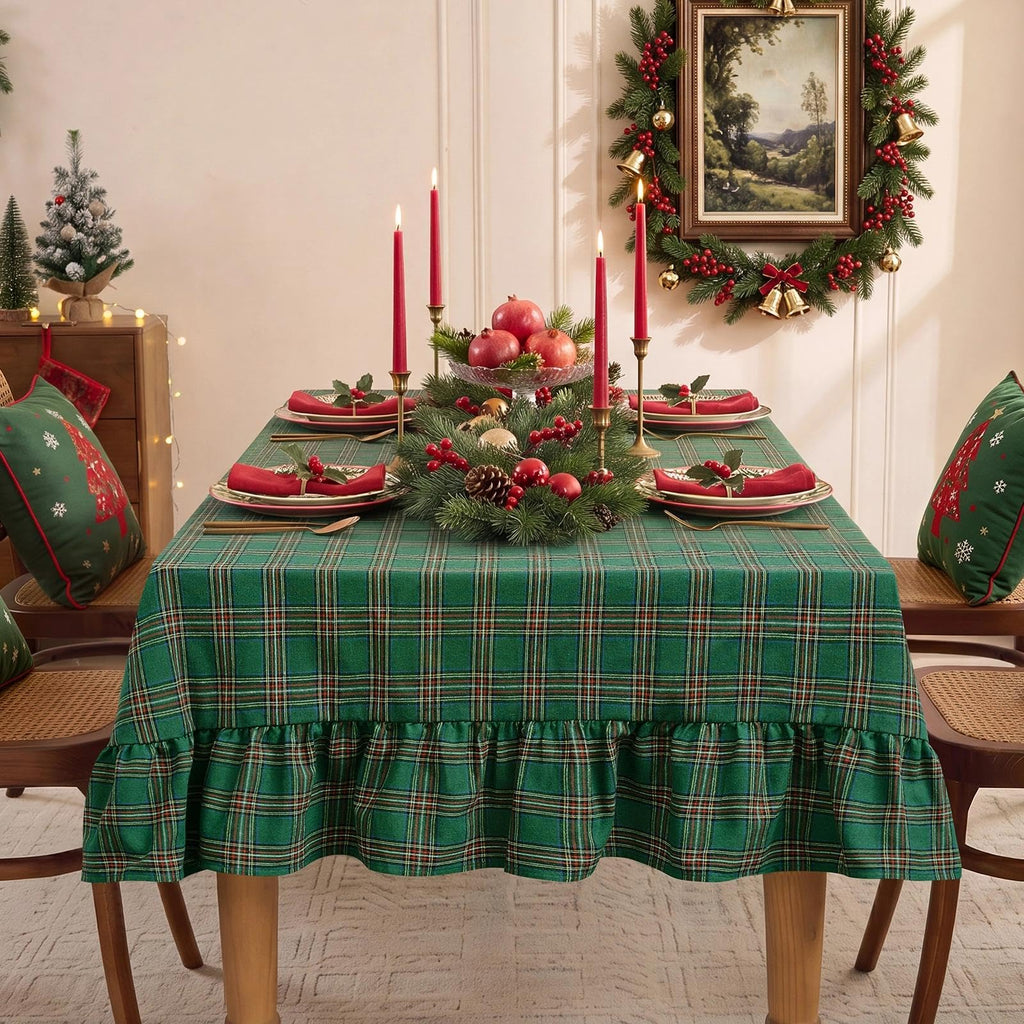 Christmas Plaid Ruffled Tablecloth Rectangle, 60x84 Inch Green