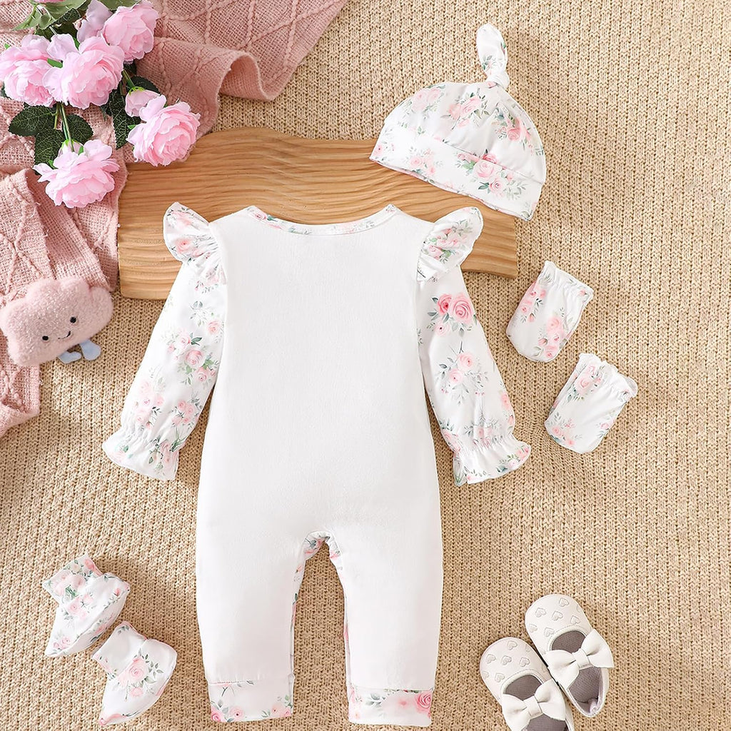 Newborn Baby Girl Outfits Infant Romper Coming Home Ruffled Jumpsuit with Hat Mittens+Booties