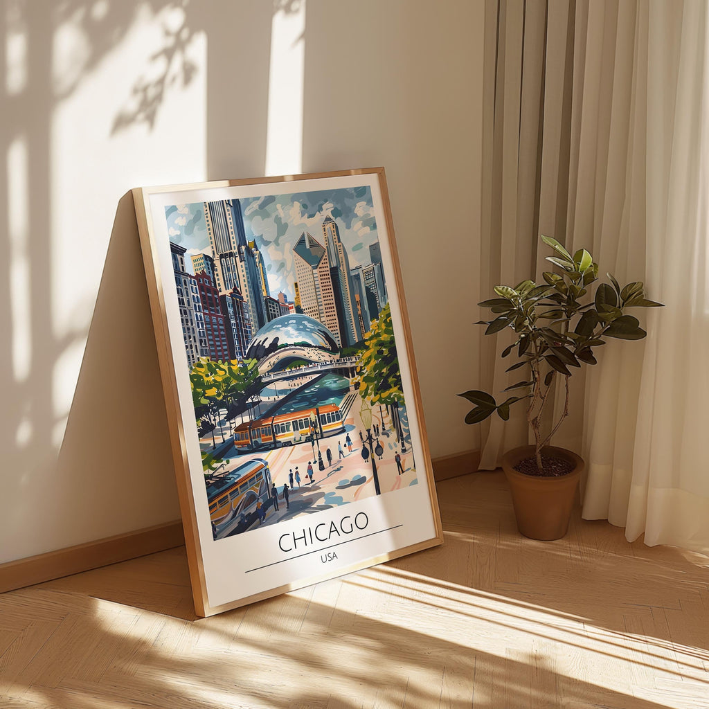 Chicago Travel Poster, Premium Giclee Fine Prints - Modern Watercolor Aesthetic Wall Decoration, Eclectic Trendy Boho
