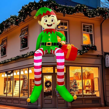 8 FT Christmas Inflatable Outdoor Decorations, Sitting Elf Holding Gift Bag Blow Up Christmas Decorations with
