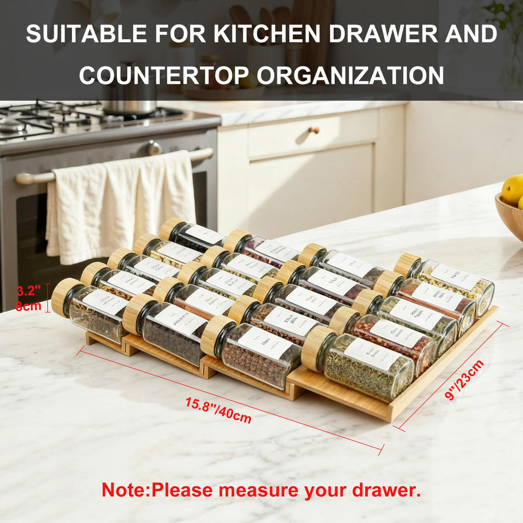 Spice Drawer Organizer with 20 Bamboo-lidded Spice Jars,216 Labels,25 Non-slip Rubber, Bamboo 4 Tier Seasoning Rack