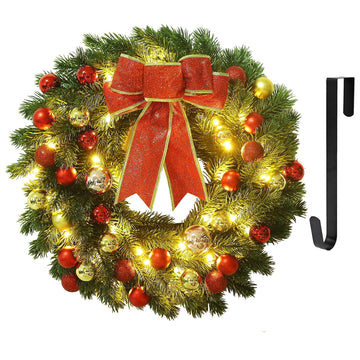 16 Inch Pre-Lit Christmas Wreath with Metal Hanger, Large Red Bow and Colored Balls, Battery Operated with Warm White