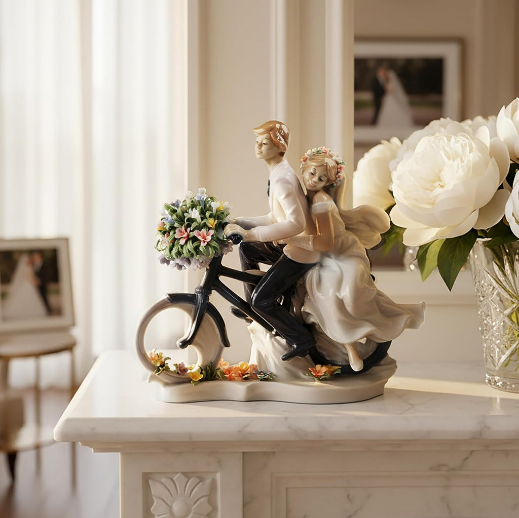 Porcelain Figurine, Lovers on Bicycle, Memorabilia, Wedding Gifts, Statue Home Decor (No Flower Base)