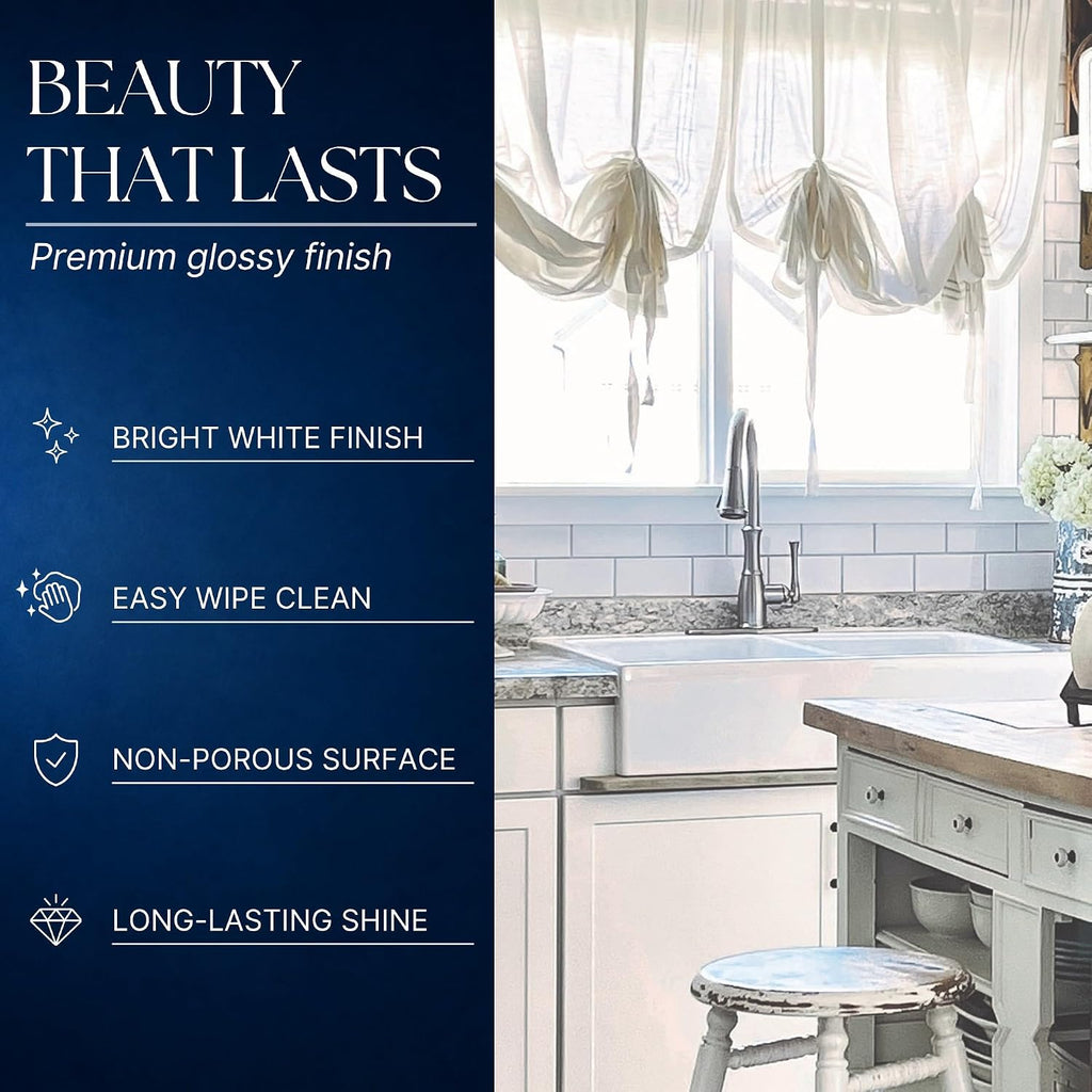 Parker 34 in White Fireclay Farmhouse Sink, Double Bowl | Quick-Fit drop-in apron front, no countertop removal