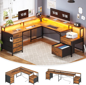 L Shaped Computer Desk with 6 Drawer, File Drawer & Power Outlet | 108" Corner Desk with Monitor Shelf, File Cabinet