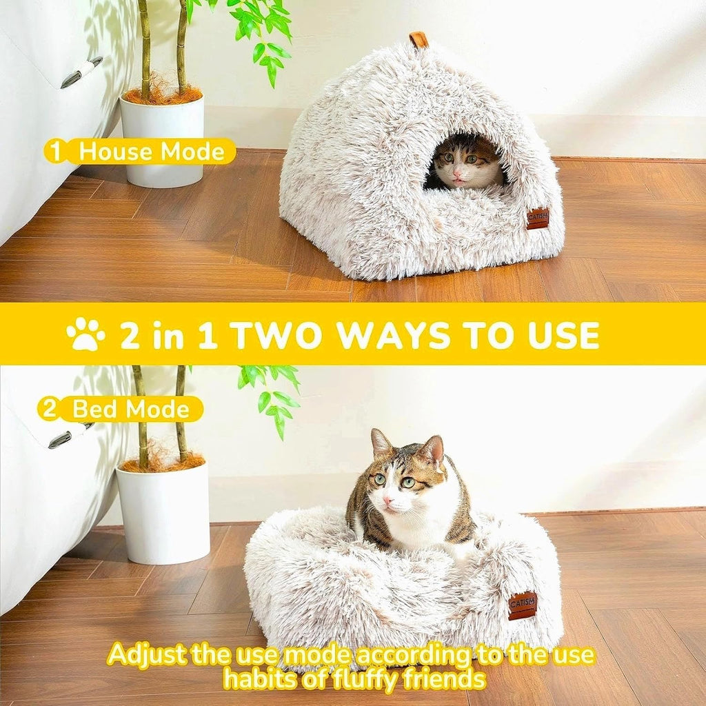 Cat Bed, Cat Cave for Indoor Cats, Soft Cat Dome, Self-Warming 2 in 1 Foldable Pet Cat House with Washable Cushioned
