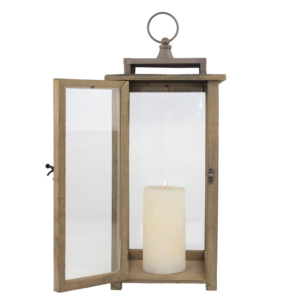 18 Inch Rustic Wooden Candle Hurricane Lantern, For Table Top, Mantle, Wall Hanging, or Garden Display, Indoor &
